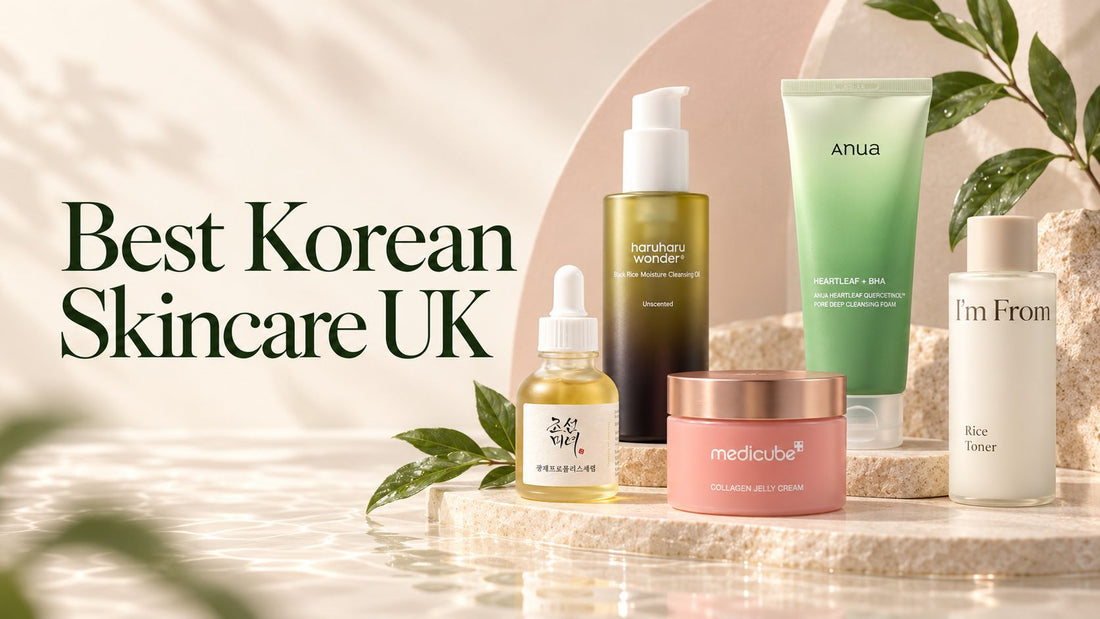 Best Korean Skincare UK — Beauty of Joseon Glow Serum, haruharu wonder Black Rice Cleansing Oil, Anua Heartleaf cleansing foam, medicube Collagen Jelly Cream and I'm From Rice Toner from Mi & Glow