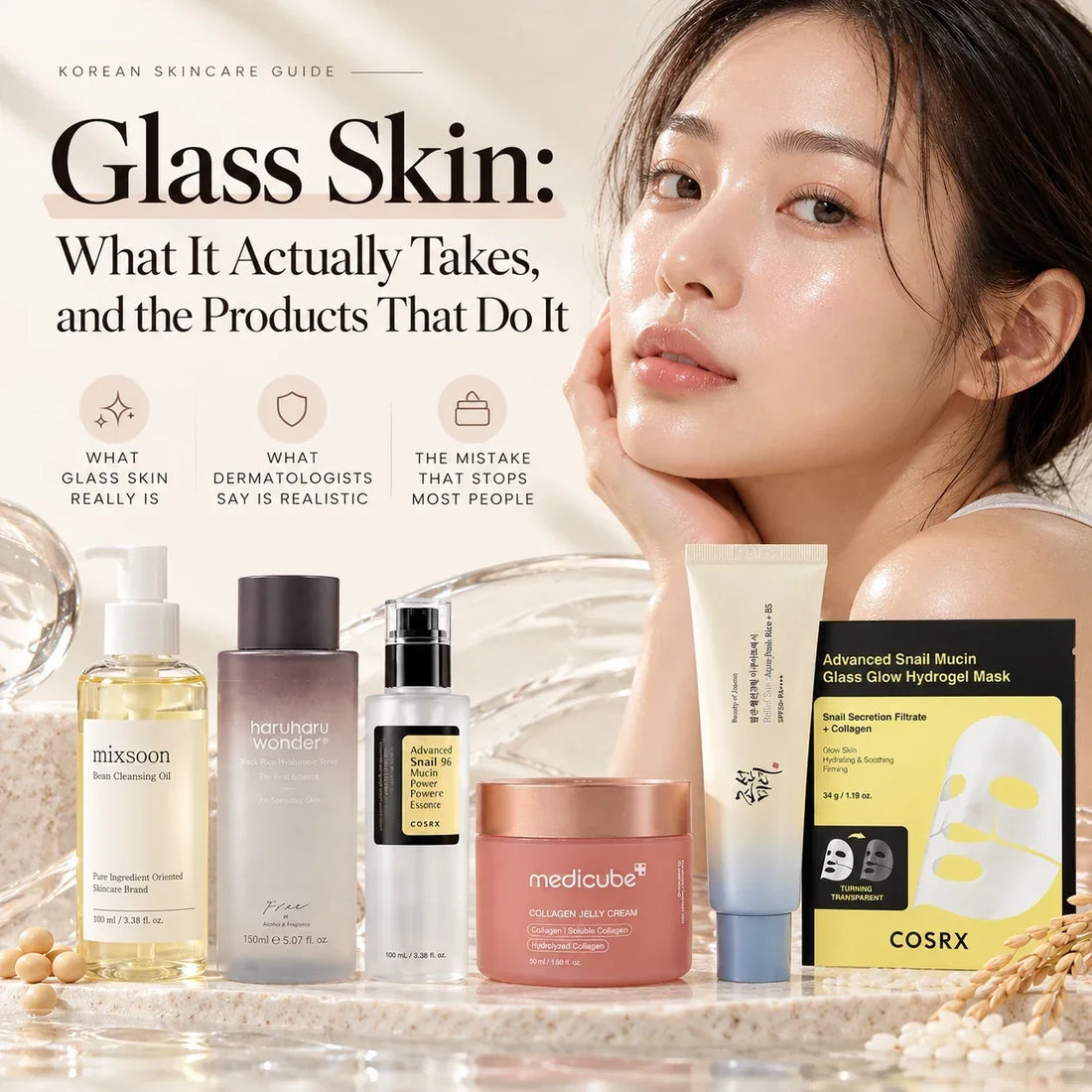 Glass Skin guide — mixsoon cleansing oil, haruharu wonder toner, COSRX Snail 96 essence, medicube jelly cream, Beauty of Joseon Relief Sun SPF50+ and COSRX Glass Glow mask