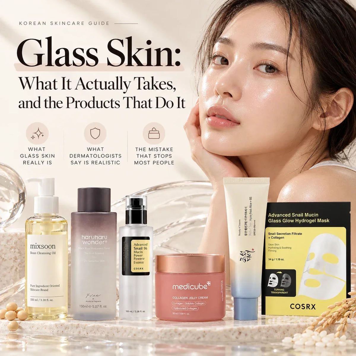 Glass Skin guide — mixsoon cleansing oil, haruharu wonder toner, COSRX Snail 96 essence, medicube jelly cream, Beauty of Joseon Relief Sun SPF50+ and COSRX Glass Glow mask