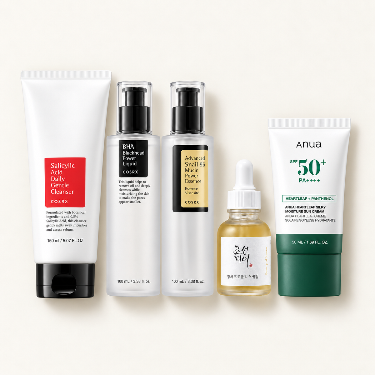 Clear Skin Bundle — COSRX Salicylic Acid Cleanser, COSRX BHA Blackhead Power Liquid, COSRX Snail 96 Mucin Essence, Beauty of Joseon Propolis + Niacinamide Serum and Anua Heartleaf Sun Cream SPF50+