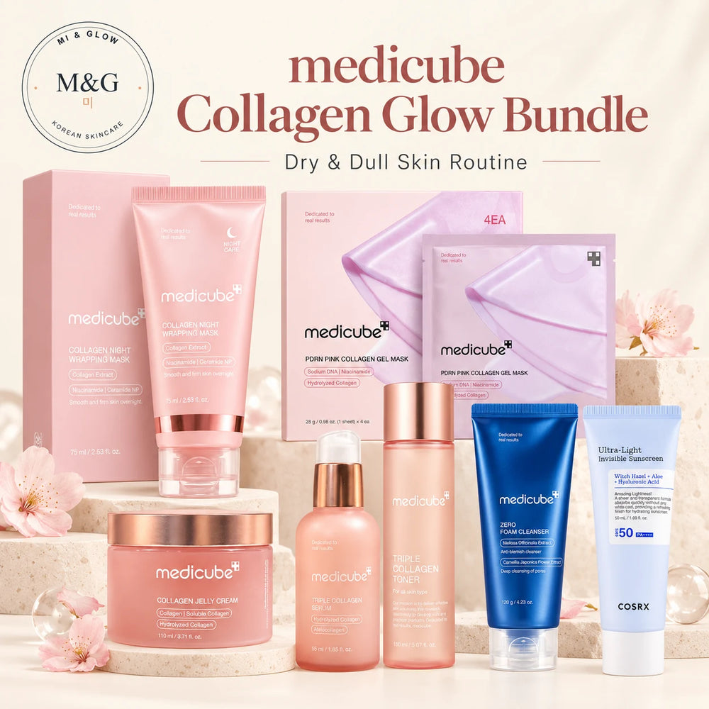 medicube Collagen Glow Bundle — 7-step Korean collagen skincare routine for dry, dull skin: foam cleanser, collagen toner, serum, jelly cream, COSRX SPF50, PDRN sheet mask and night wrapping mask