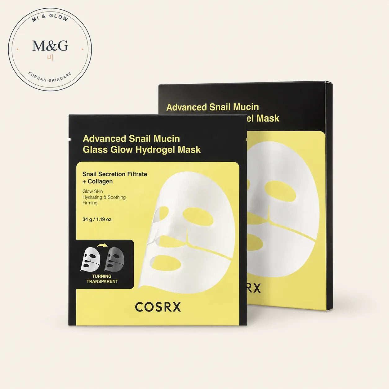 COSRX Advanced Snail Mucin Glass Glow Hydrogel Mask 34g — Korean hydrogel mask with snail mucin and collagen
