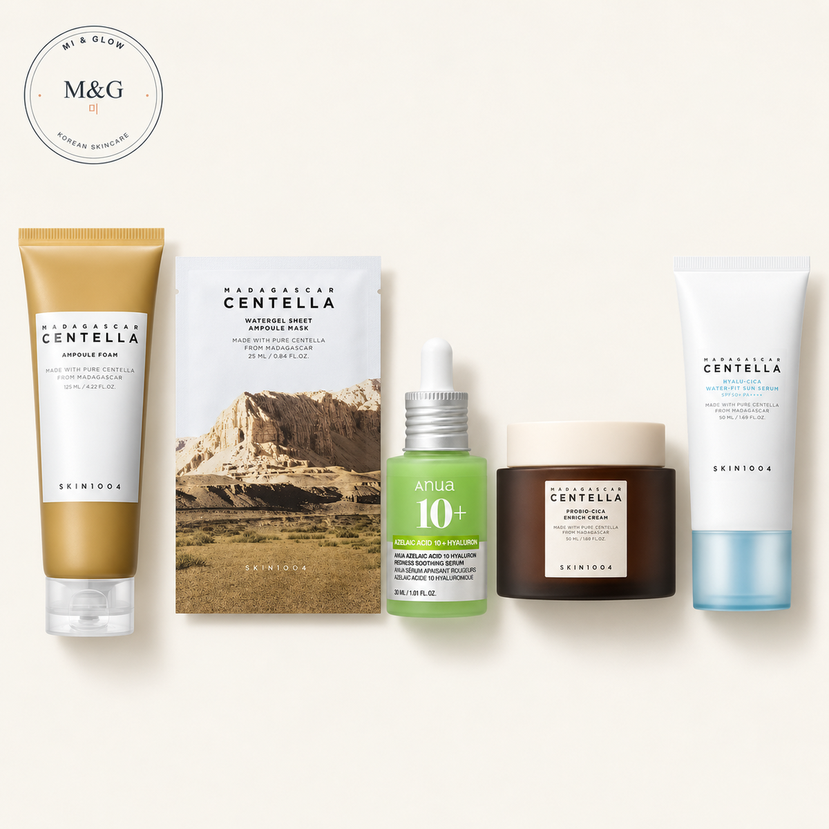 Calm & Soothe Bundle — SKIN1004 Madagascar Centella Ampoule Foam, Anua Azelaic Acid 10 Redness Soothing Serum, SKIN1004 Probio-Cica Enrich Cream, SKIN1004 Hyalu-Cica Water-Fit Sun Serum SPF50+ and SKIN1004 Centella Watergel Ampoule Sheet Mask